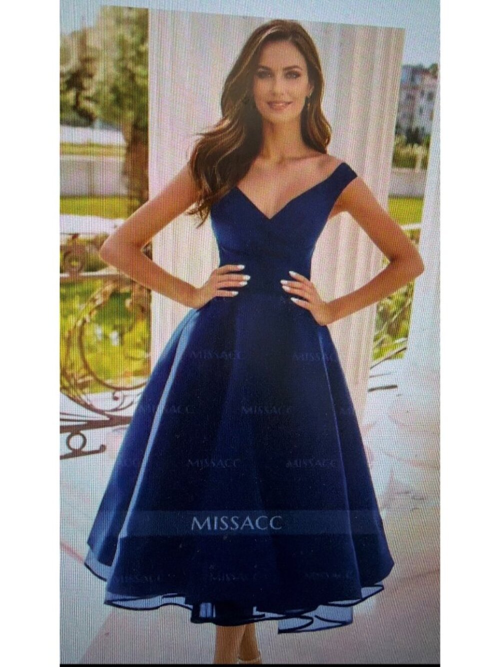 Missacc Navy Satin Pleated Cap Shoulder A-Line Formal Gown Size 8
